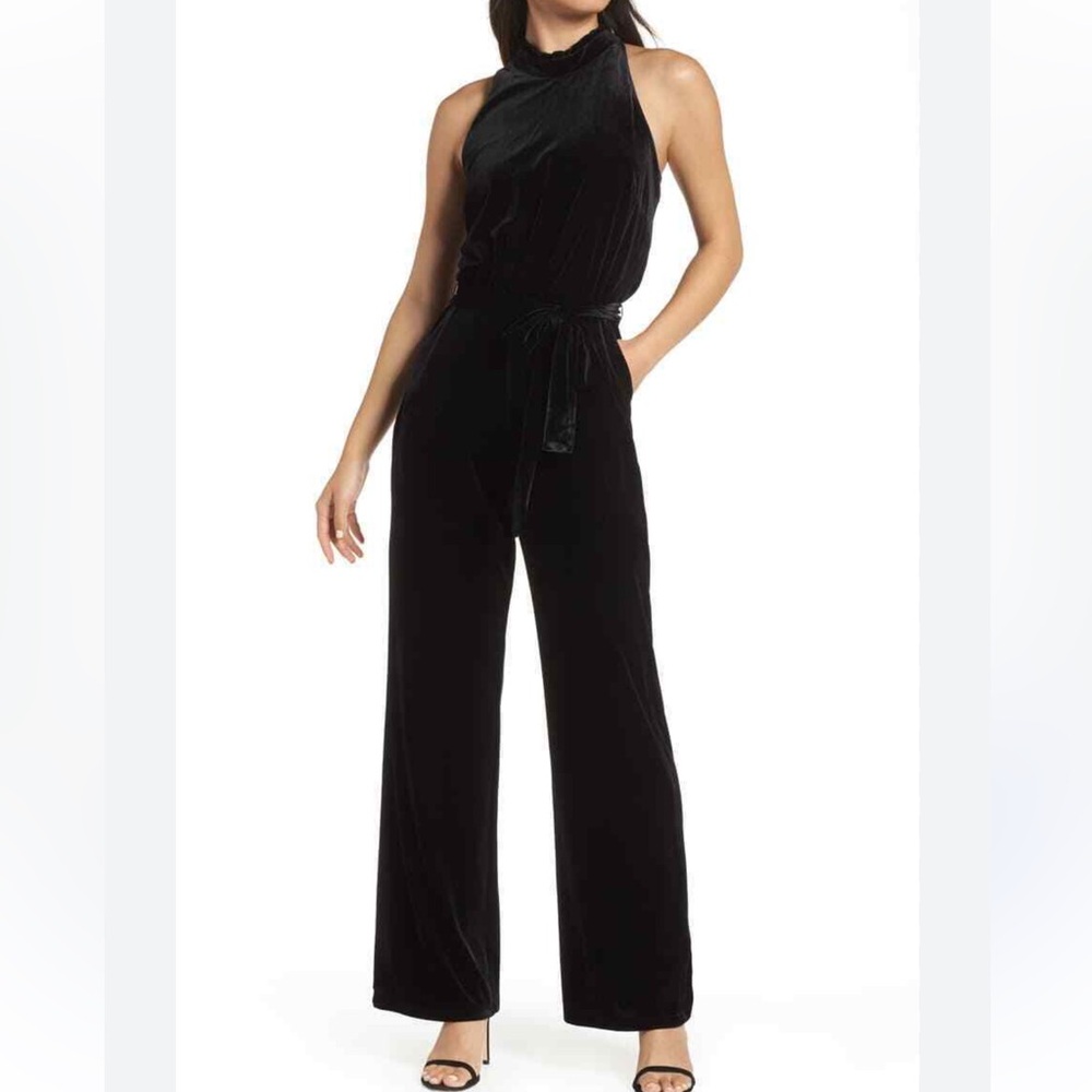 Vince Camuto Black Velvet Jumpsuit with Wide-Leg Design